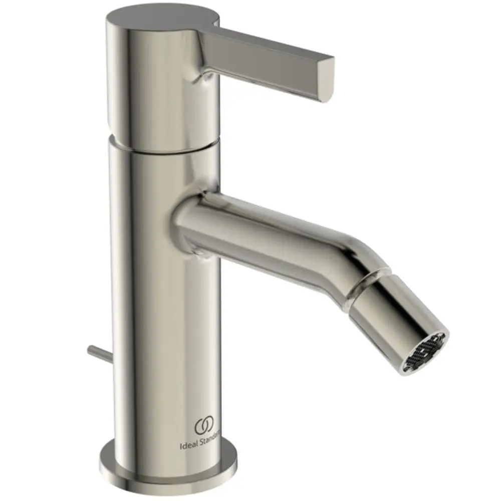 Bidetarmatur aus verchromtem Metall mit einem schwenkbaren Auslauf und einem Einhebelgriff; Ideal Standard-Logo am Sockel sichtbar.